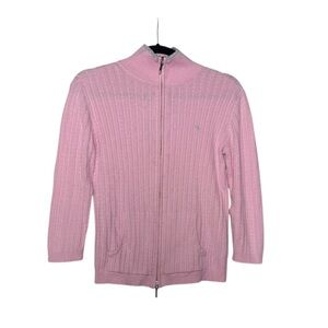 Ralph Lauren Full Zip Cable Knit Sweater Pink and Silver Size Small Mock Neck